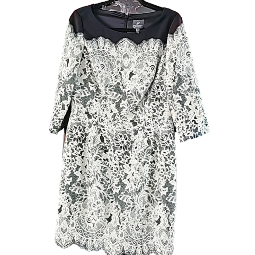 Adrianna Papell cocktail Dress Black & white floral design sz 14